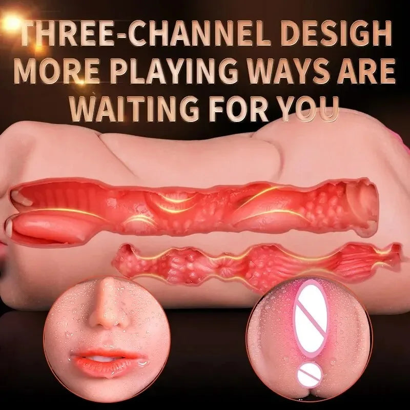 3 IN 1 Realistic Artificial Deep Throat, Male Masturbator with Oral Suction and Realistic Rubber Vagina 