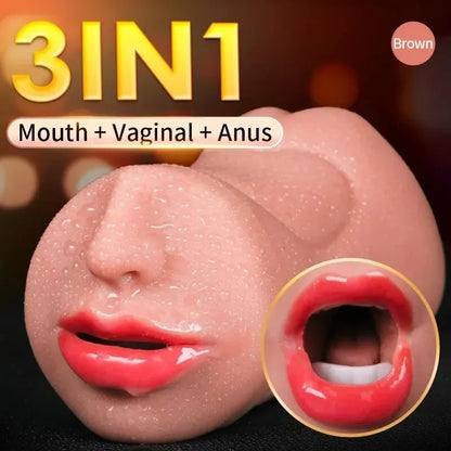 3 IN 1 Realistic Artificial Deep Throat, Male Masturbator with Oral Suction and Realistic Rubber Vagina 